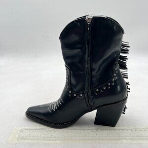 Black Women's Western Ankle Booties Pointed Toe Cowgirl Boots with Fringe Tassel